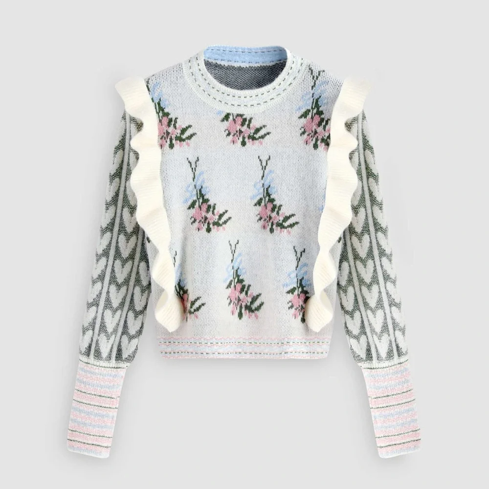 CIDER Ruffle Cream Pink Blue Knit Sweater w Balloon Sleeves like LOVESHACK FANCY